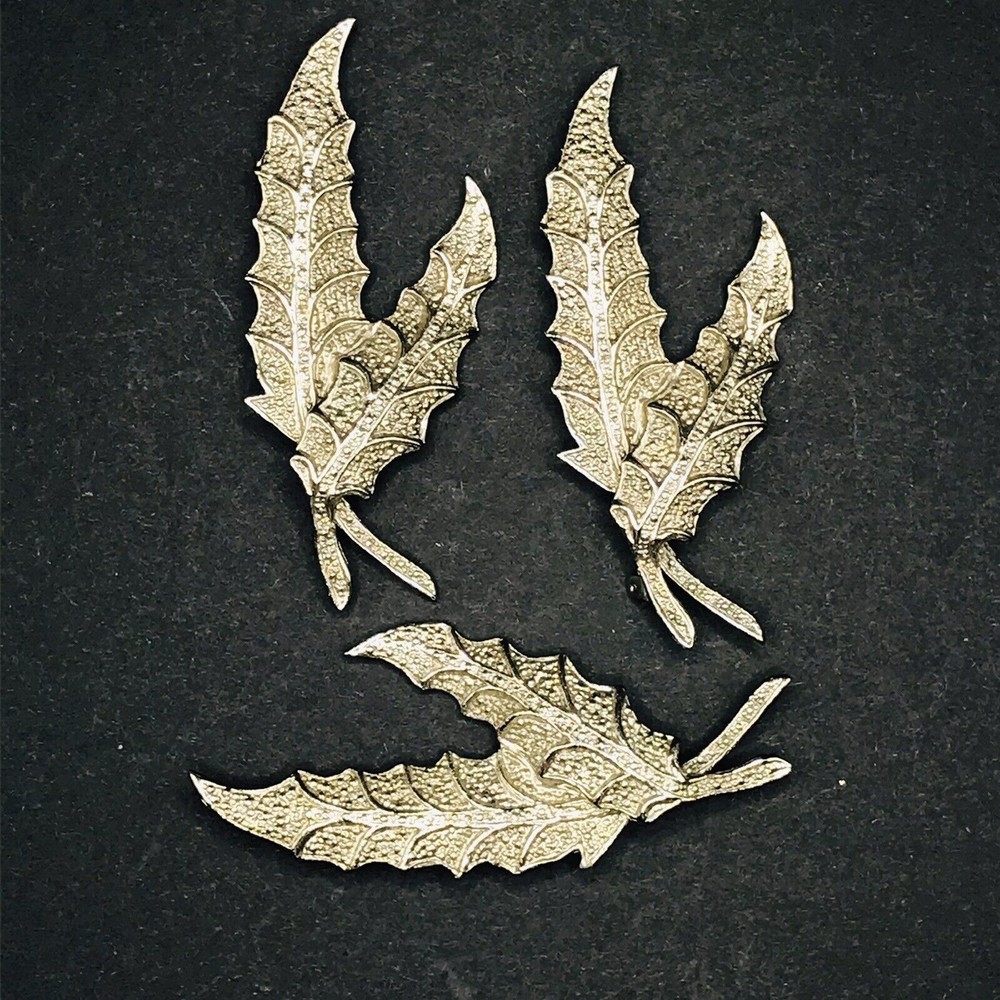 Set of 3 Long Leaf Pin Brooches Silver Tone Metal